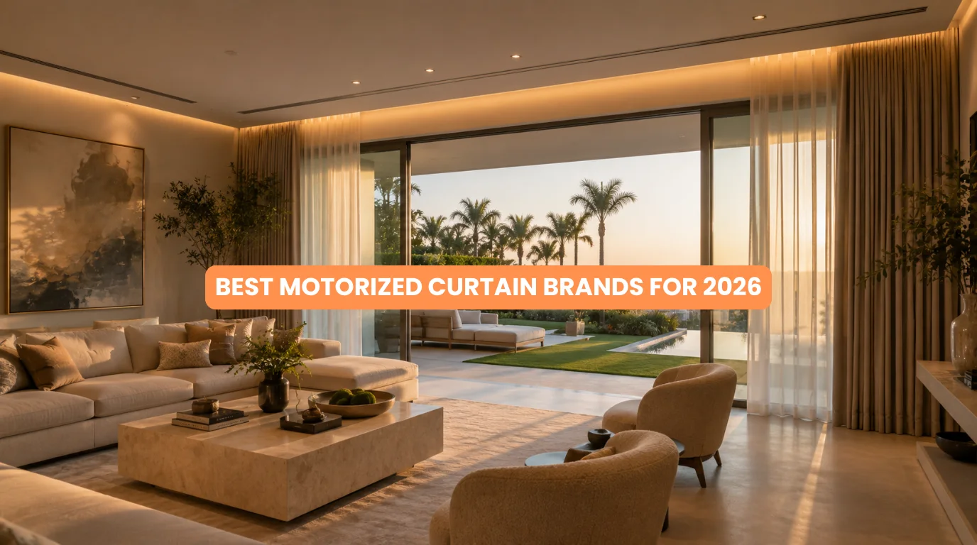 Modern open plan living room featuring automated floor to ceiling drapes from the best motorized curtain brands