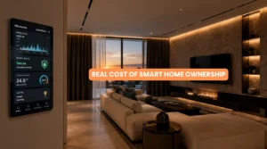 Modern luxury smart home living room with automated lighting, motorized curtains, and smart panel highlighting the real cost of smart home ownership 2026 ultimate guide