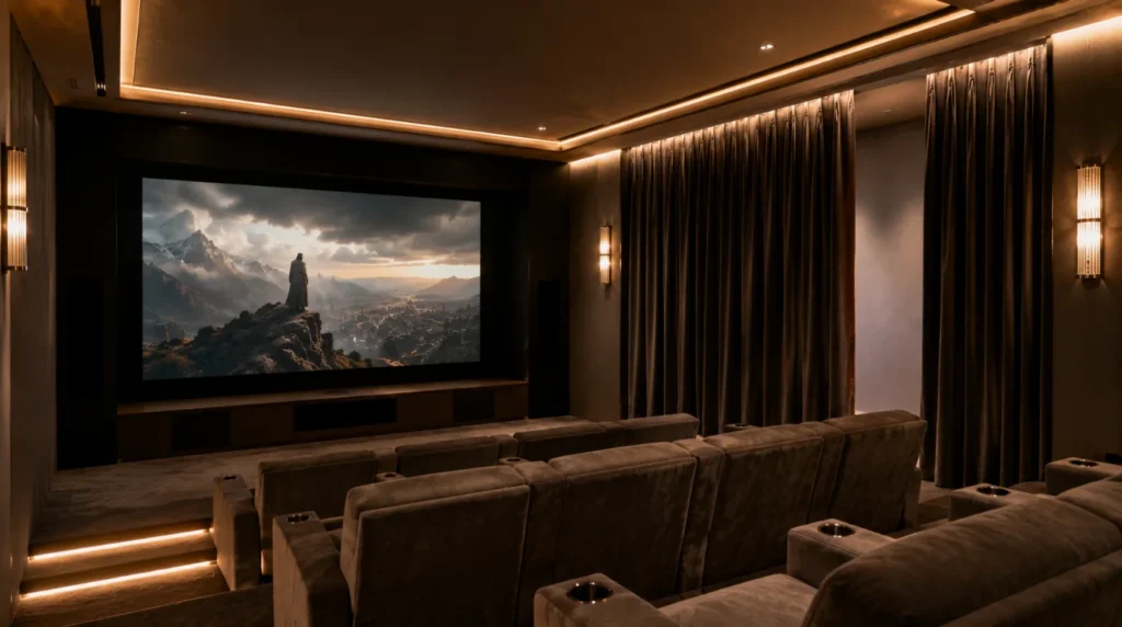 Heavy motorized blackout curtains operating in a dedicated home cinema room for the real cost of smart home ownership 2026 ultimate guide