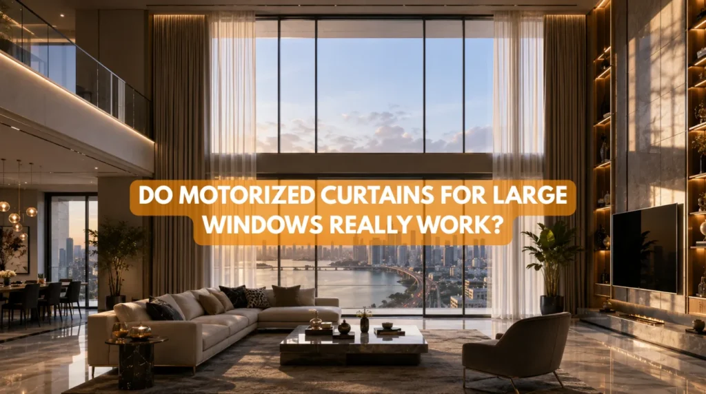 Floor to ceiling glass windows with motorized curtains for large windows gliding smoothly open