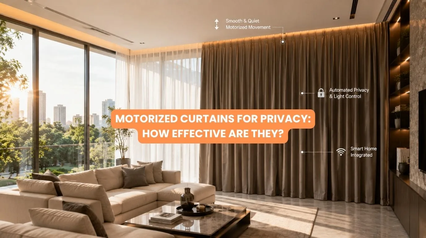 Automated motorized curtains for privacy closing over floor-to-ceiling living room windows