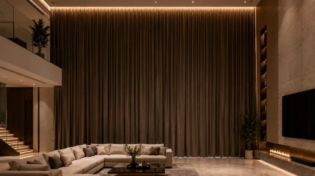 Full coverage motorized curtains for privacy on large floor-to-ceiling bedroom glass walls.