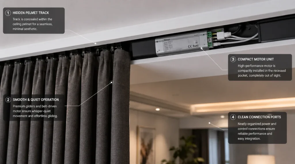 Smooth ceiling recessed drapery motor operating without smart home compatibility issues