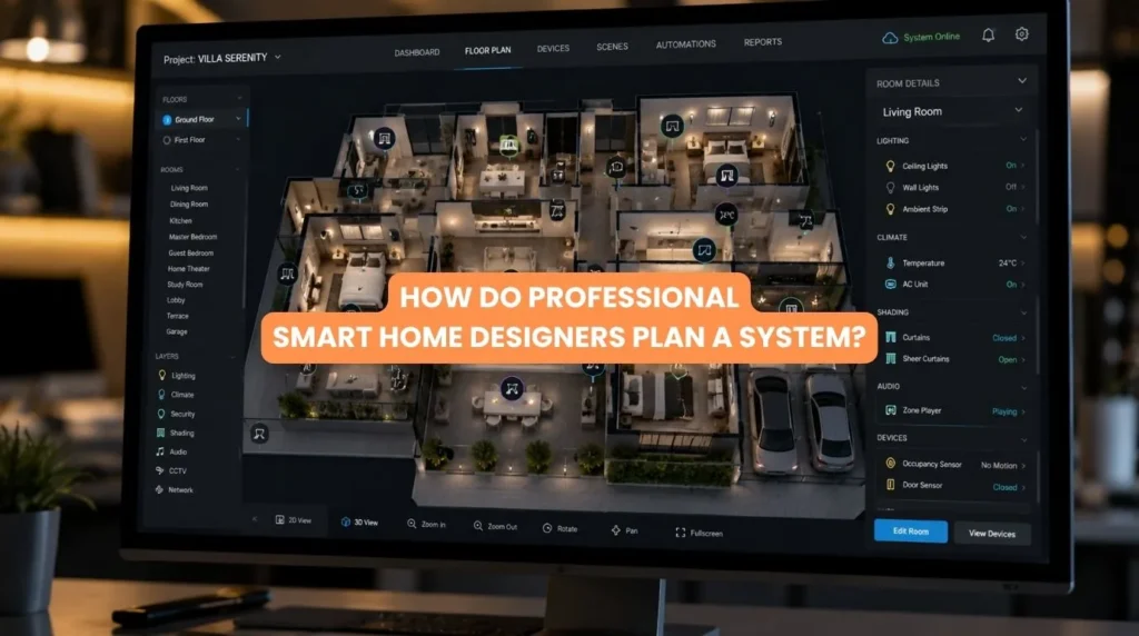 Professional Smart Home Designers reviewing floor plan blueprints for automated system architecture