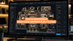 Professional Smart Home Designers reviewing floor plan blueprints for automated system architecture