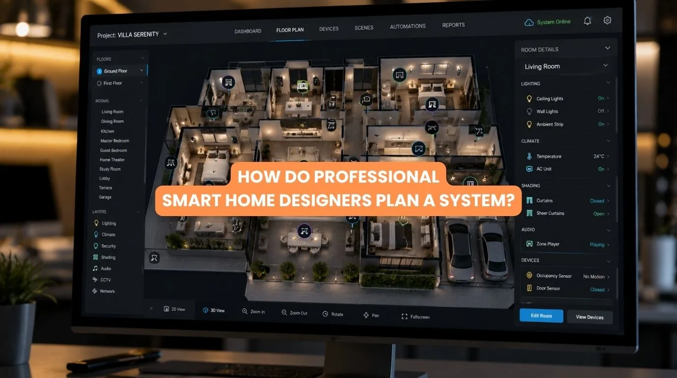 Professional Smart Home Designers reviewing floor plan blueprints for automated system architecture