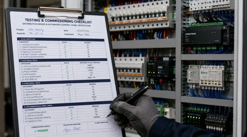Technical verification report created by Professional Smart Home Designers during system commissioning.