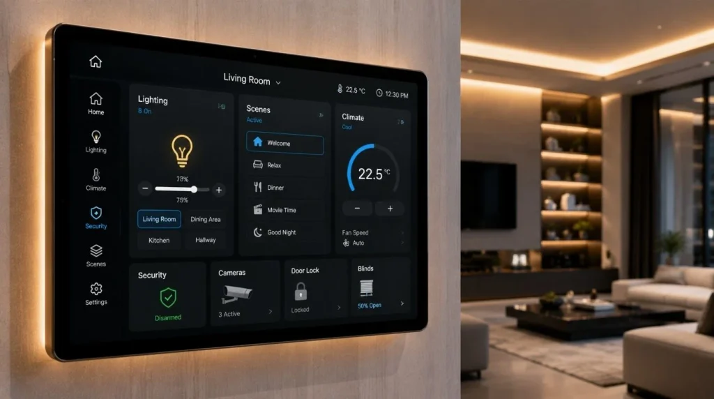 Integrated smart touch screen programmed by Professional Smart Home Designers to trigger custom lighting scenes.