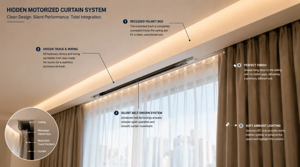 Ceiling pocket concealing tracks for motorized curtains for large windows in a modern home