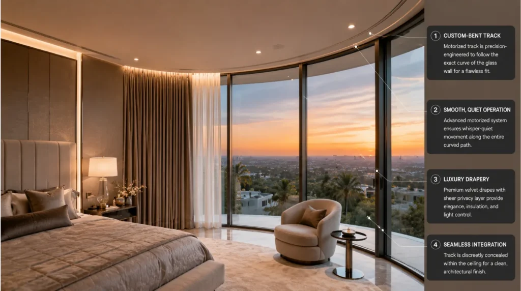 Custom curved architectural curtain track installation from the best motorized curtain brands