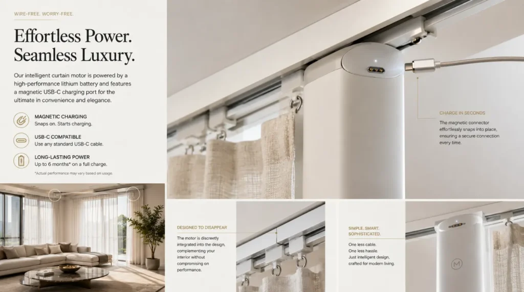 Magnetic cable charging the motor head of the Best Battery-Powered Motorized Curtains