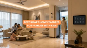 Smart home features for families with kids include lighting, security, motorized curtains, and climate control in a modern home.