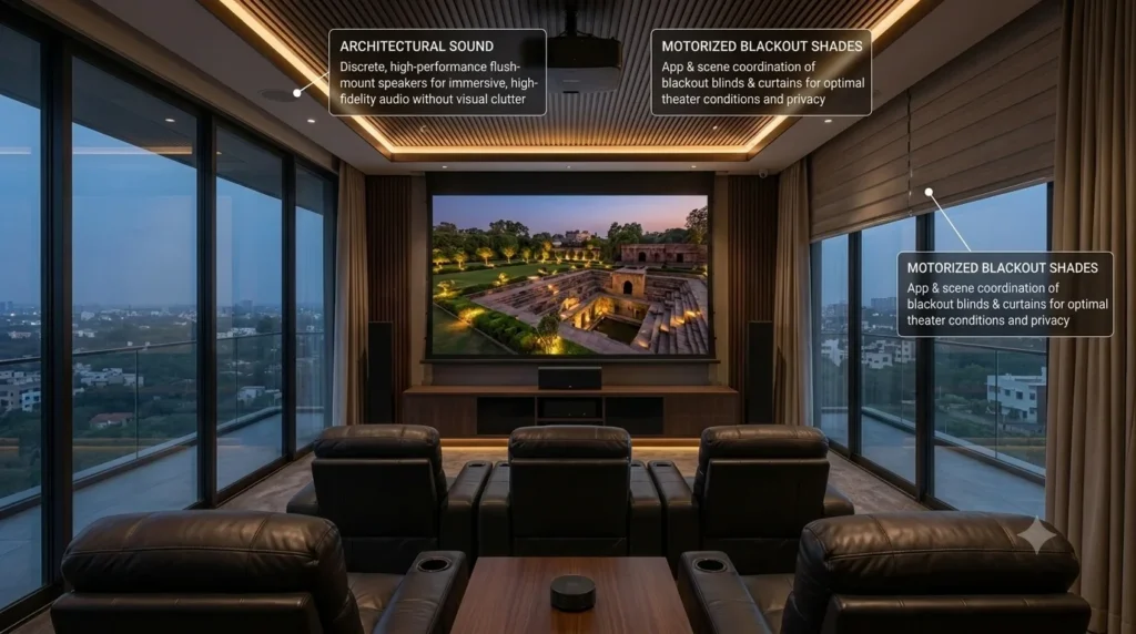 Family-friendly home theater room with an automated projector screen and dimmable lighting, illustrating smart home features for families with kids.