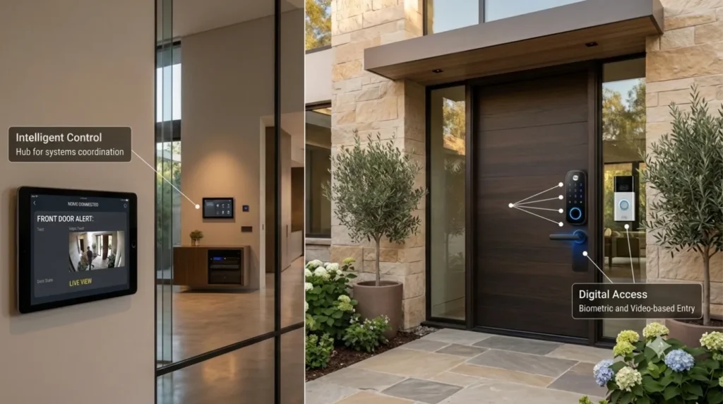 Front door equipped with smart home features for families with kids, showing keyless biometric entry and a video doorbell for child safety.