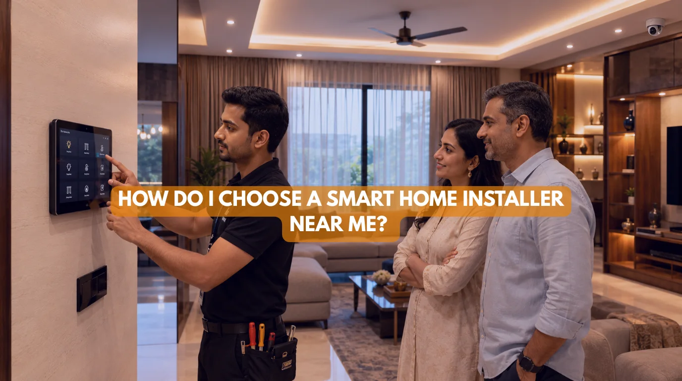 Professional smart home installer near me helping homeowners plan and install a complete smart home automation system in a modern luxury home.