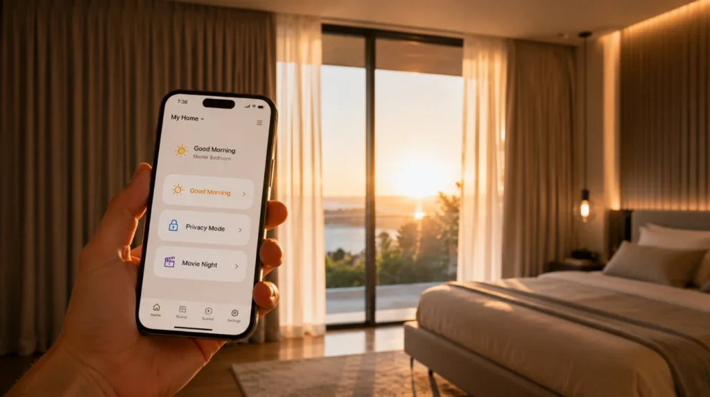 Smartphone displaying automated schedules after learning to install motorized curtains in your home