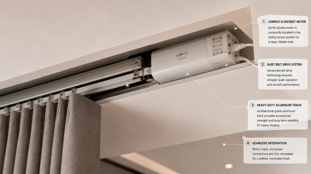 Concealed Somfy Glydea Ultra motor and heavy curtain track representing the best motorized curtain brands