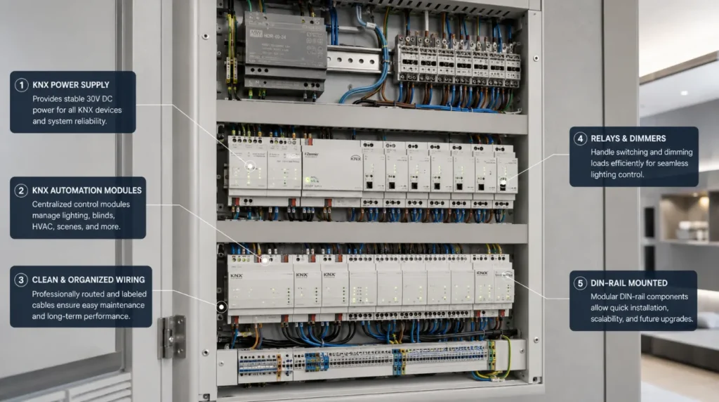Neat KNX automation distribution board installed to avoid smart home compatibility issues