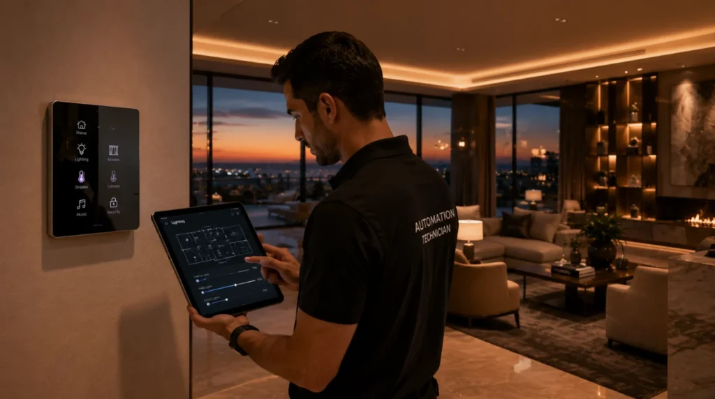Smart home technician working on a wall panel to Install a Smart Home System in a modern villa
