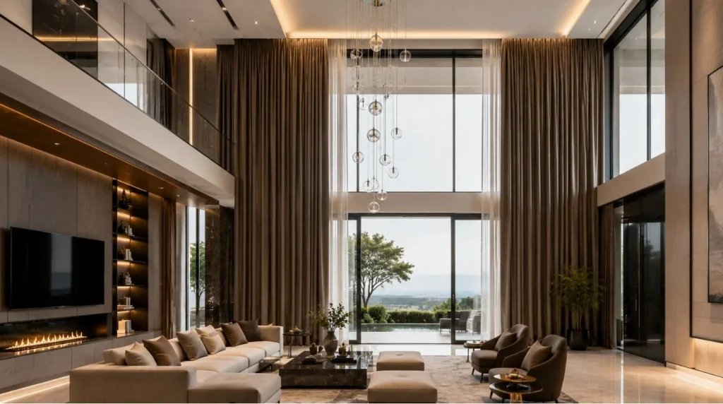 Double height window drapes demonstrating What Size Windows Can Motorized Curtains Handle in luxury homes.