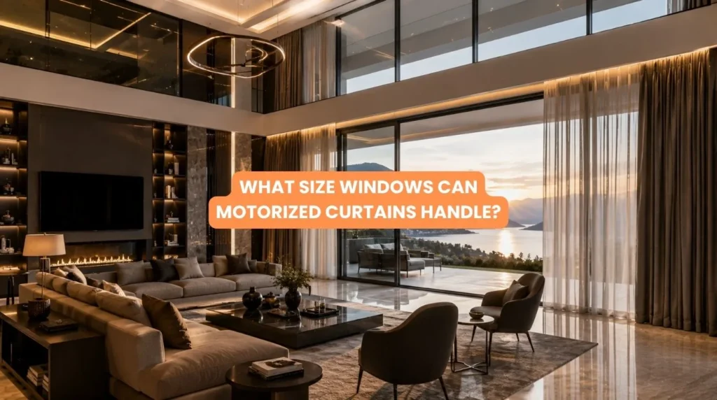 Large living room showcasing What Size Windows Can Motorized Curtains Handle with floor to ceiling drapes
