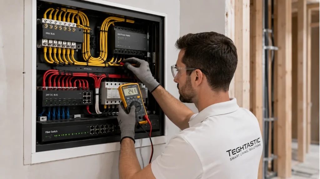 Professional technician testing wired KNX automation cabling to lower long term expenses in the real cost of smart home ownership 2026 ultimate guide