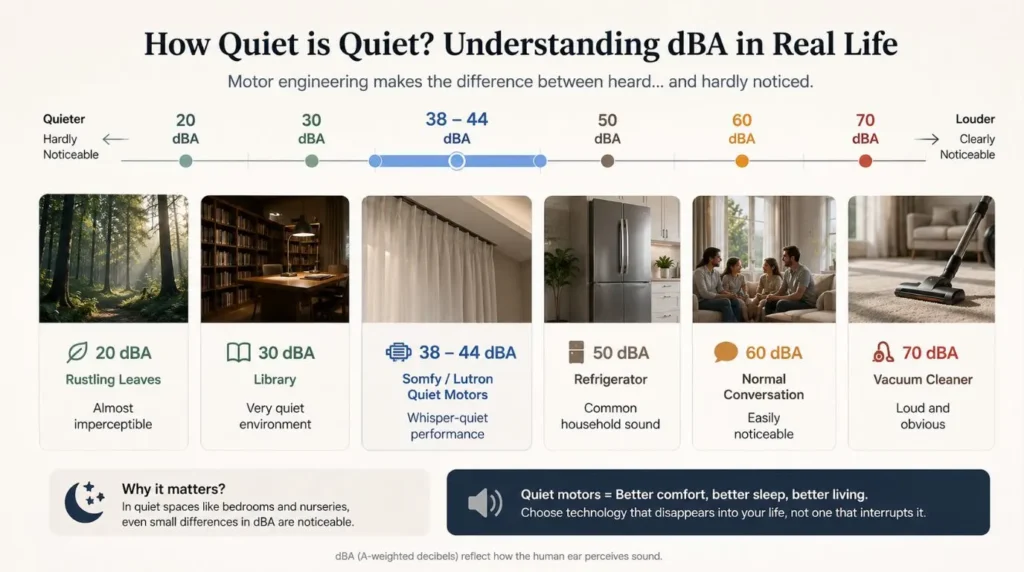 Sound rating chart comparing decibel levels for Quiet Motorized Curtains and shade motors.