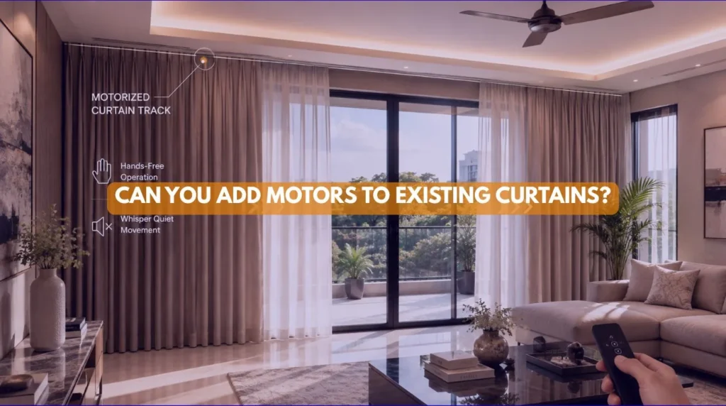 A hands-free living room curtain gliding open showing how to Add Motors to Existing Curtains