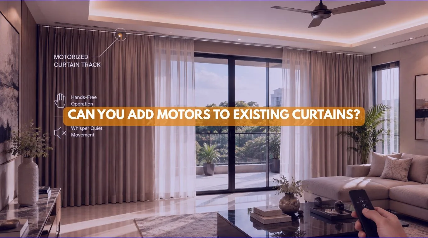 A hands-free living room curtain gliding open showing how to Add Motors to Existing Curtains
