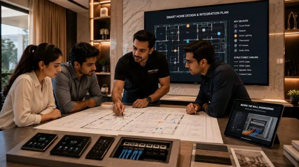 An interior designer and architect reviewing floor plans alongside a technician to evaluate how Smart Home Installers Charge for design services.
