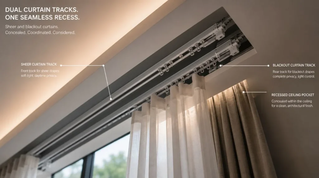 Detail of a recessed ceiling pocket engineered for dual-track Motorized Curtains vs. Manual installation.