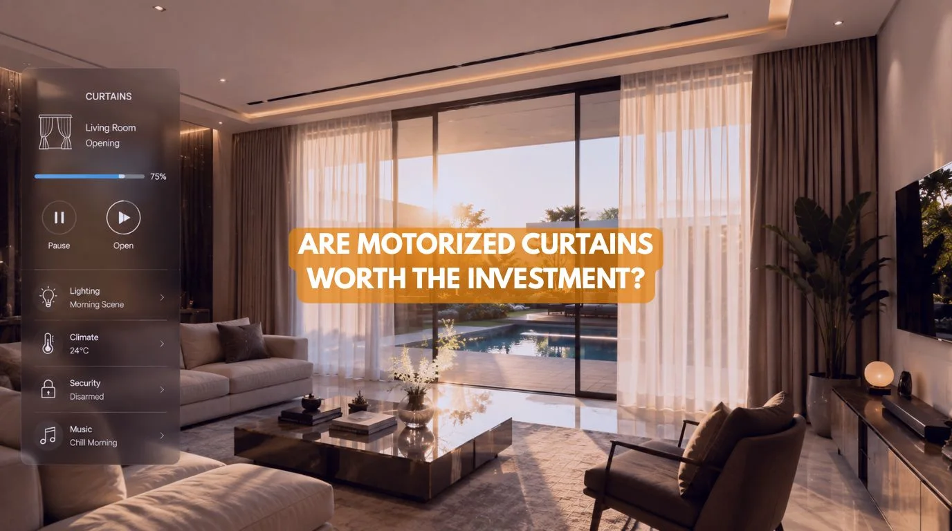 A luxury living room with sunlit floor-to-ceiling automated drapes evaluating Are Motorized Curtains Worth the Investment