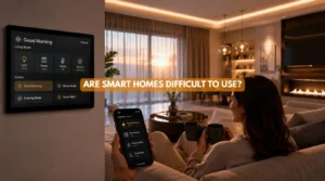 A homeowner effortlessly operating a touch panel illustrating Are Smart Homes Difficult to Use? (2026 Complete Guide)