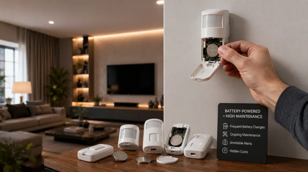 A homeowner replacing batteries in a smart door sensor showing battery maintenance issues among Main Problems With Smart Home Systems.