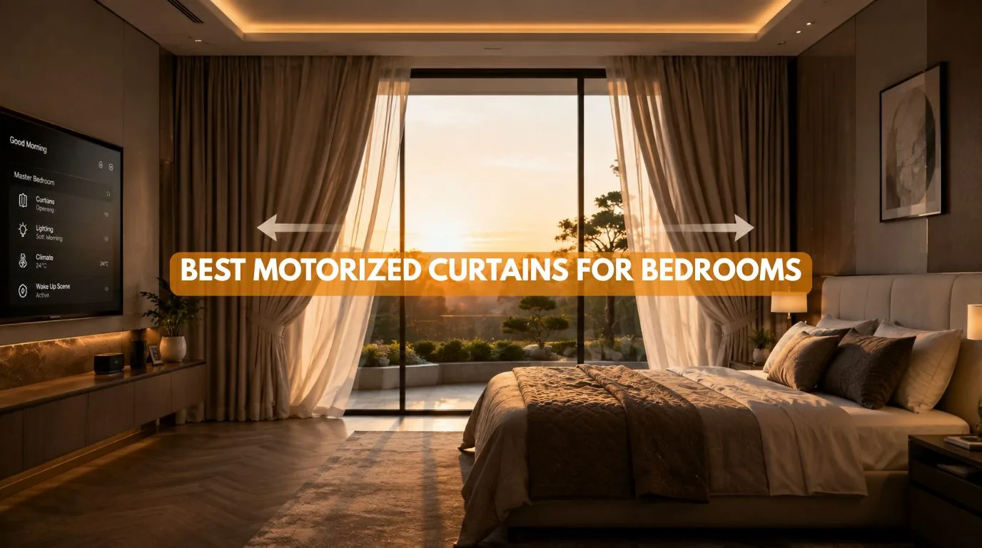A serene luxury master bedroom with morning sunlight filtering through the Best Motorized Curtains for Bedrooms