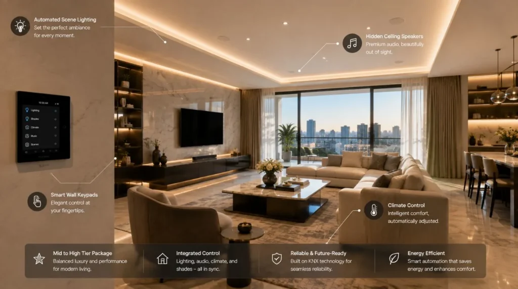An open-plan apartment featuring automated cove lighting and smart switches estimating the Cost to Make Your Home Smart