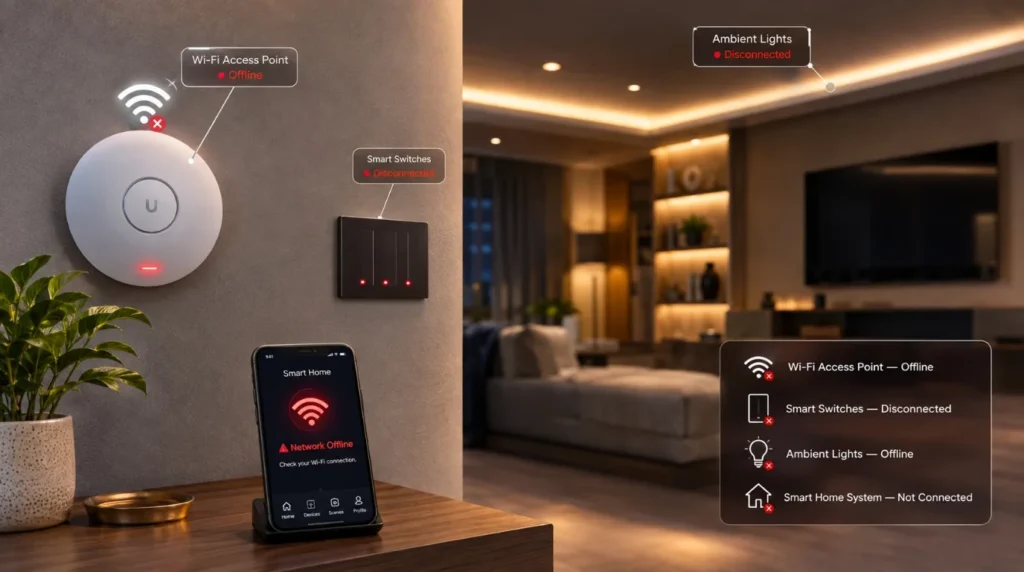 A Wi-Fi router flashing a red disconnect light representing connectivity issues among Main Problems With Smart Home Systems.