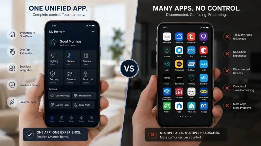 A single intuitive smartphone app controlling lighting, climate, and security showing Are Smart Homes Difficult to Use? (2026 Complete Guide)