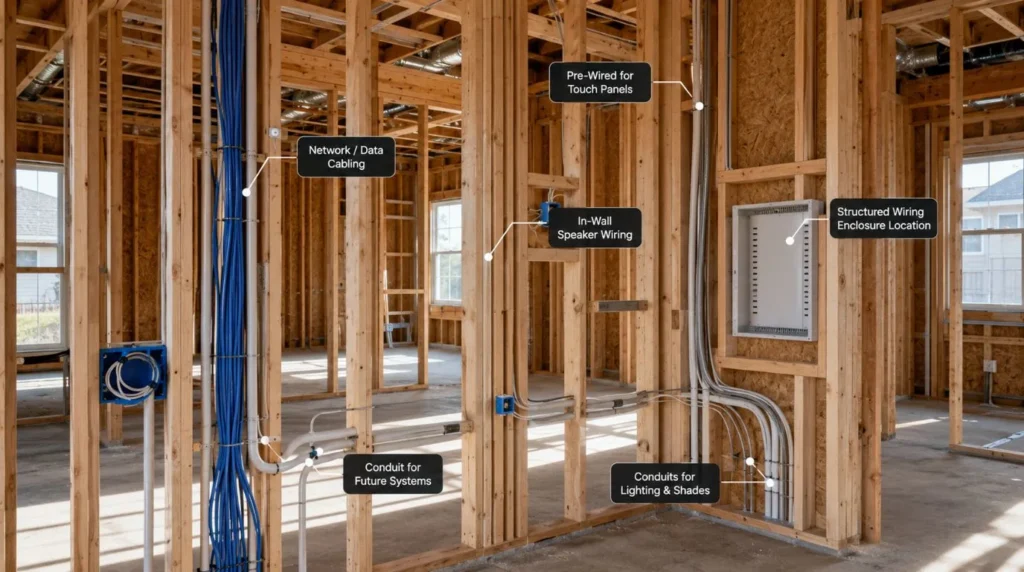 Conduit pipes neatly routed in open walls during construction planned to reduce overall Smart Home Installers Charge.
