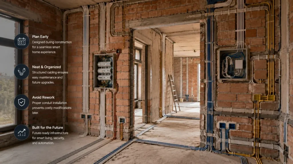 Structured network cabling and conduit routing planned during construction to optimize the Cost to Make Your Home Smart.
