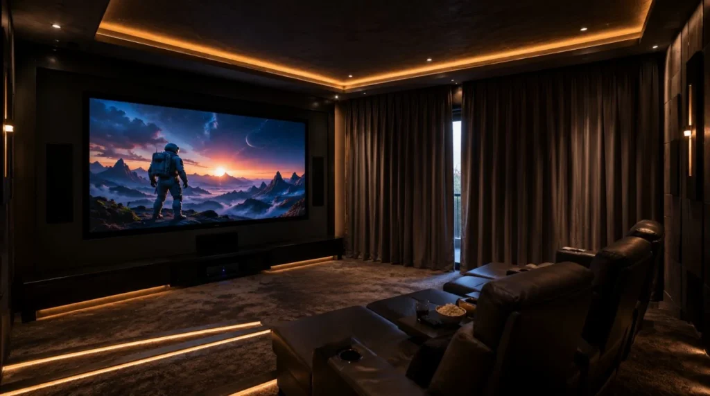 A luxury home theatre activated simultaneously with motorized drapes demonstrating coordinated scenes which professional Smart Home Installers Charge for.