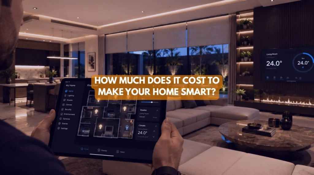 A tablet interface showing lighting and climate control dashboard evaluating the Cost to Make Your Home Smart