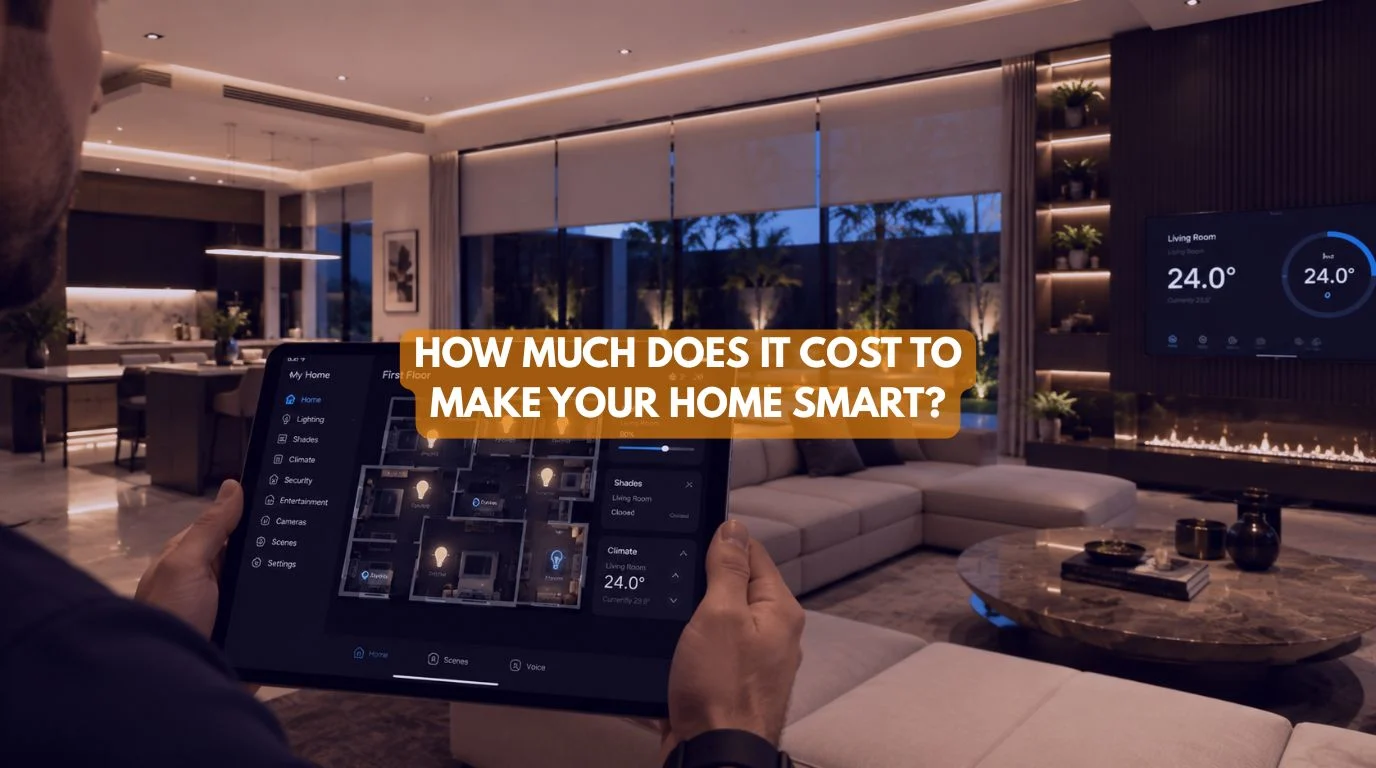 A tablet interface showing lighting and climate control dashboard evaluating the Cost to Make Your Home Smart