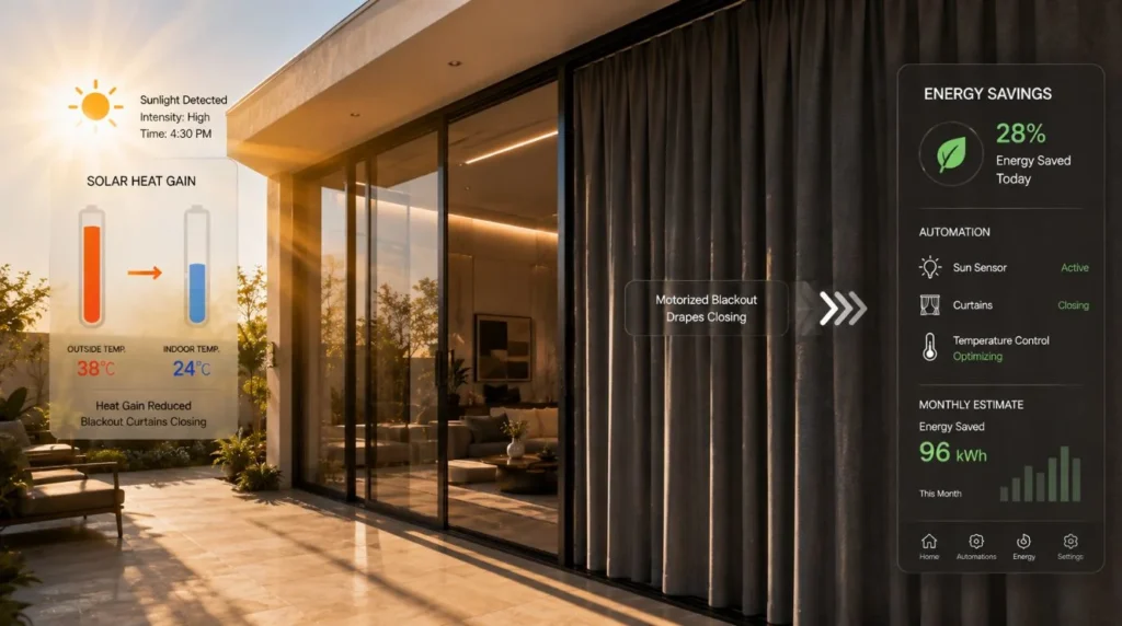 Automated window shading responding to peak sunlight hours to demonstrate Are Motorized Curtains Worth the Investment.