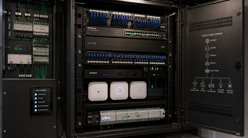 Organized central AV and KNX automation rack illustrating how Smart Home Features Add the Most Home Value.