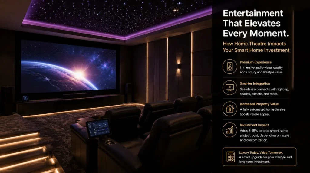 A dedicated home theatre room with scene lighting explaining the Average Price of a Smart Home Installation.