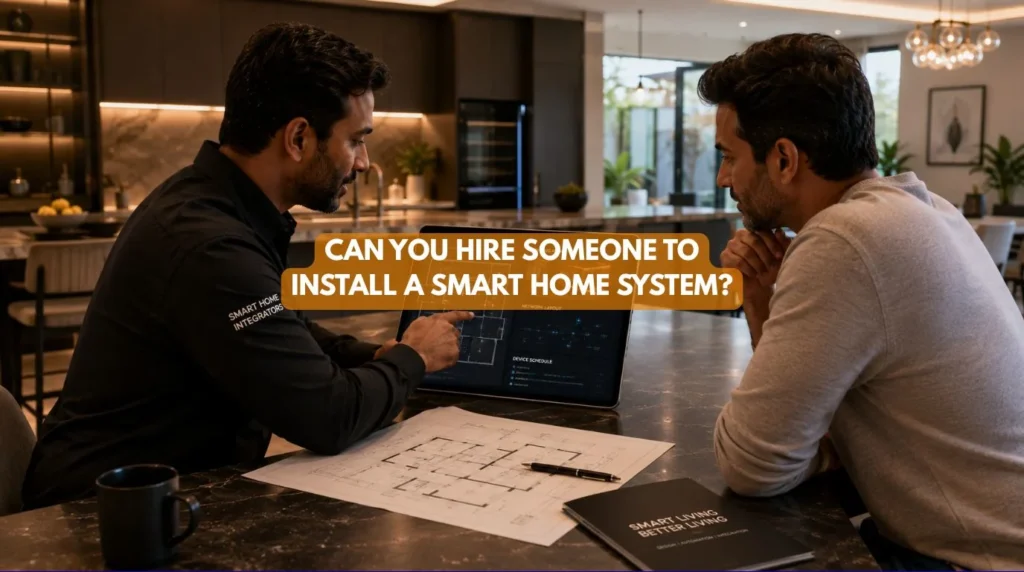 A homeowner reviewing digital floor plans with a professional integrator to Hire Someone to Install a Smart Home System