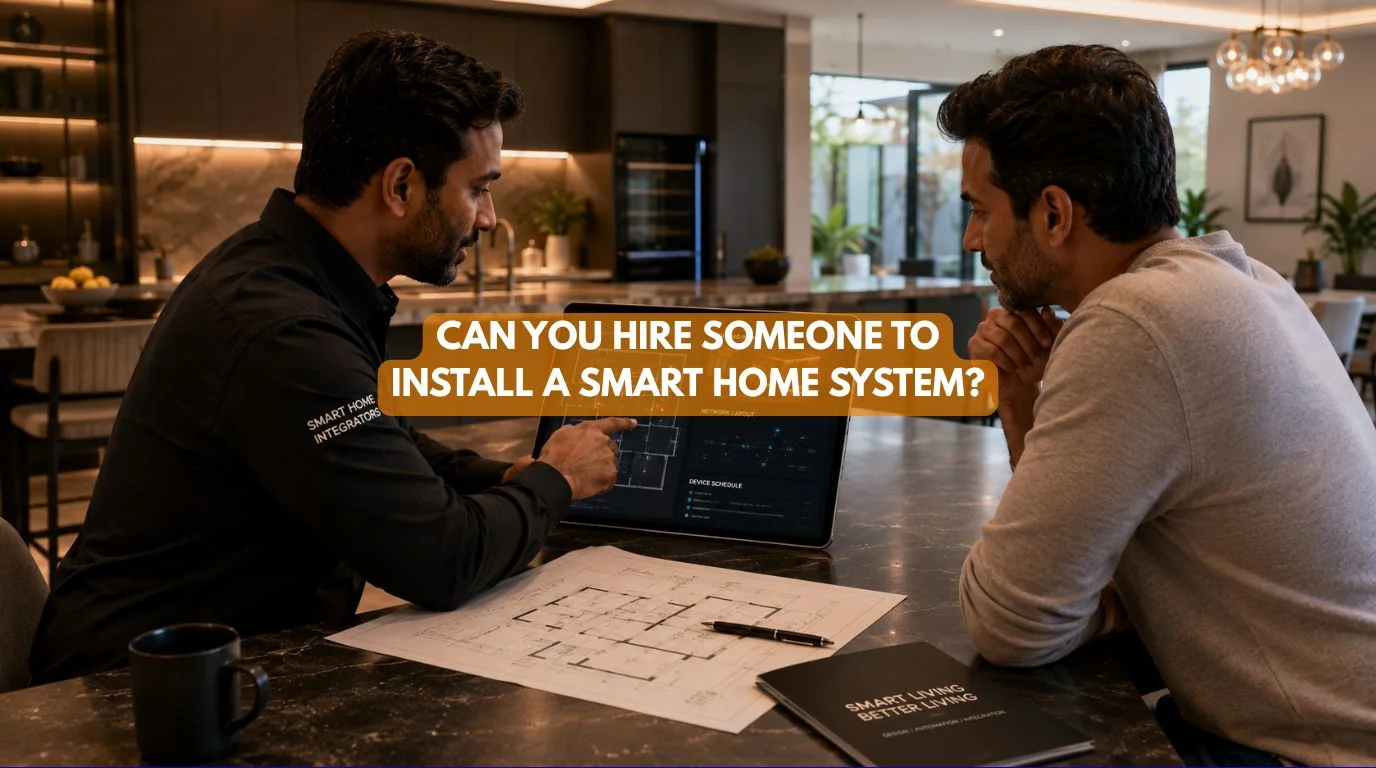 A homeowner reviewing digital floor plans with a professional integrator to Hire Someone to Install a Smart Home System