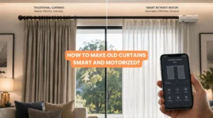 A living room setup illustrating how to Make Old Curtains Smart and Motorized with a smart control interface