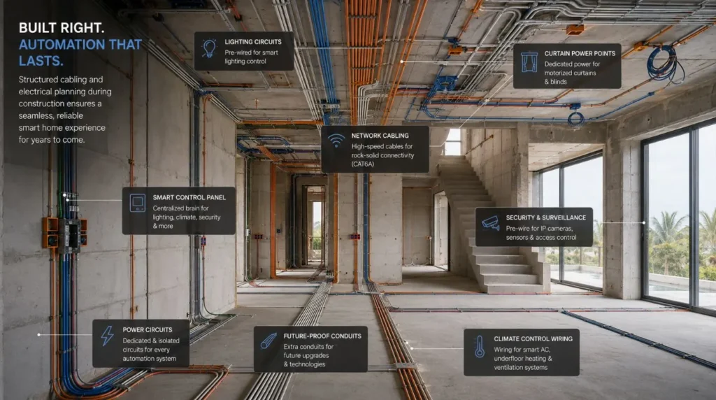 Structured cabling and wall electrical conduits installed during the early Steps to Creating Your Smart Home.